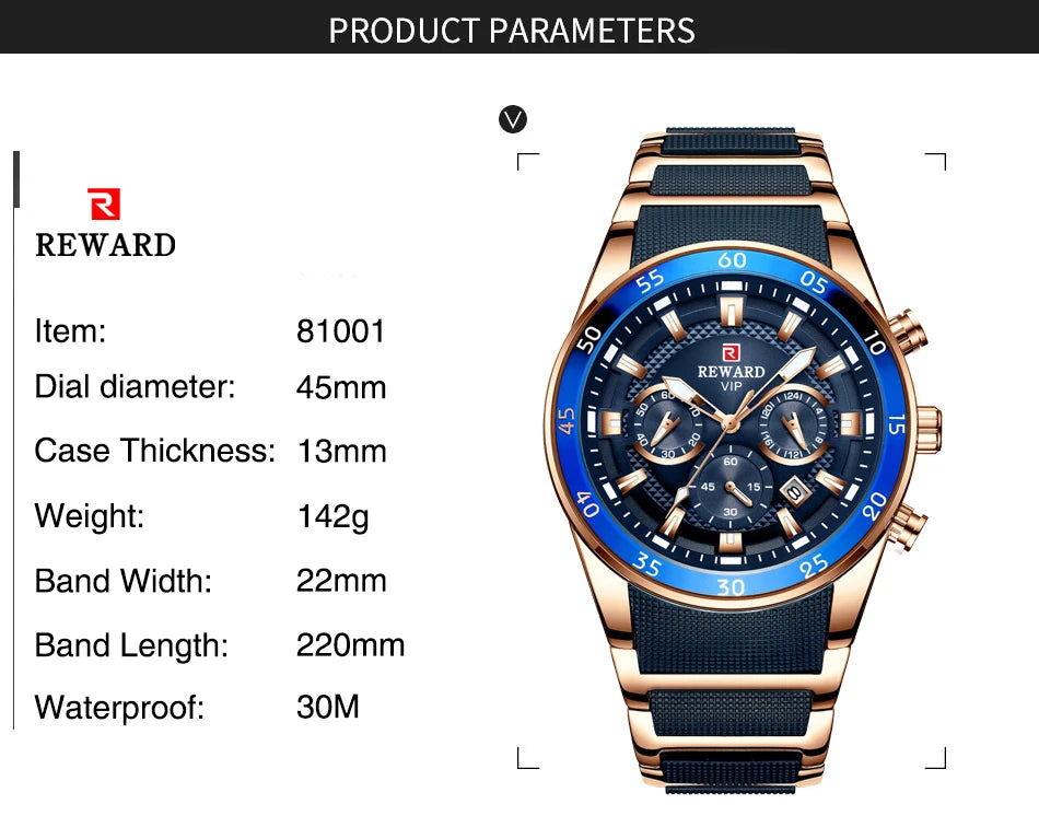 ⌚ REWARD Big Dial Men's Luxury Sports Watch | Waterproof Chronograph Quartz