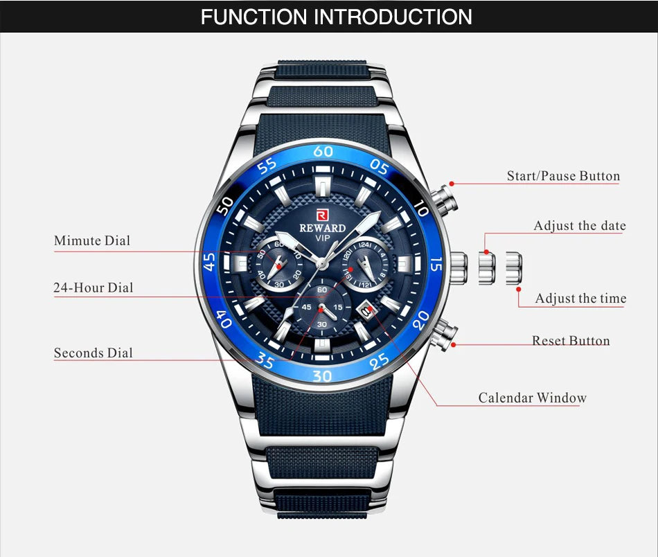 ⌚ REWARD Big Dial Men's Luxury Sports Watch | Waterproof Chronograph Quartz