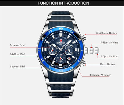 ⌚ REWARD Big Dial Men's Luxury Sports Watch | Waterproof Chronograph Quartz