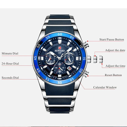⌚ REWARD Big Dial Men's Luxury Sports Watch | Waterproof Chronograph Quartz
